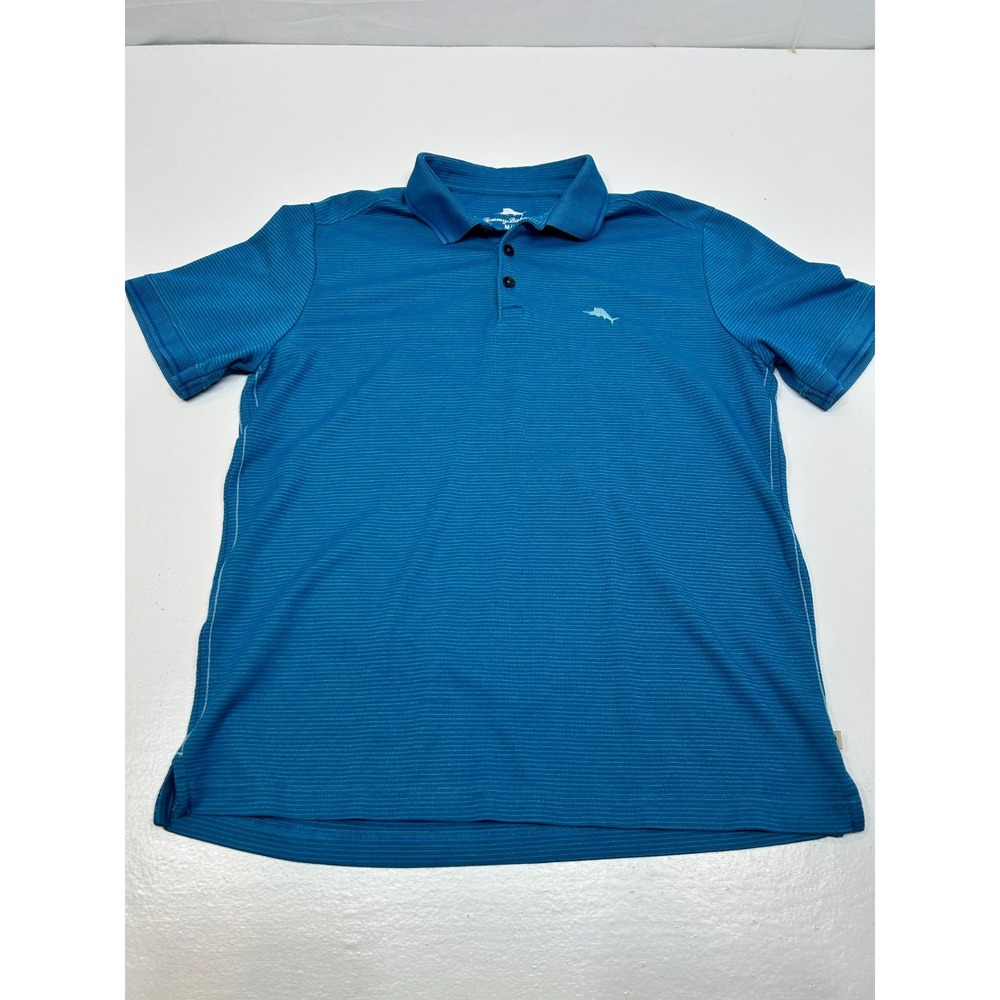 Tommy Bahama Polo Shirt Ribbed Stripe Island Comfort Blue Aqua Teal Men's Medium